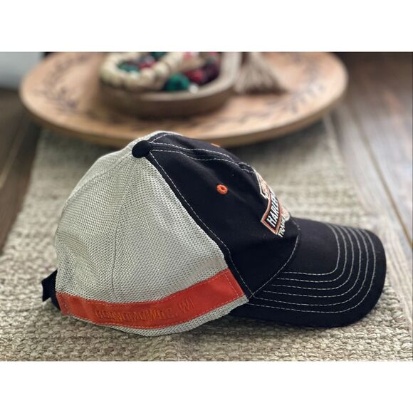Harley Davidson Motorcycle Black Biker Hat Dad Cap Black Orange Adjustable Wisco - Picture 2 of 6